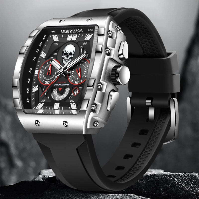 LIGE  Skeleton Skull Dial Sport Army Watches Mens Fashion Luxury Waterproof Quartz Watch Chronograph Montre Homme
