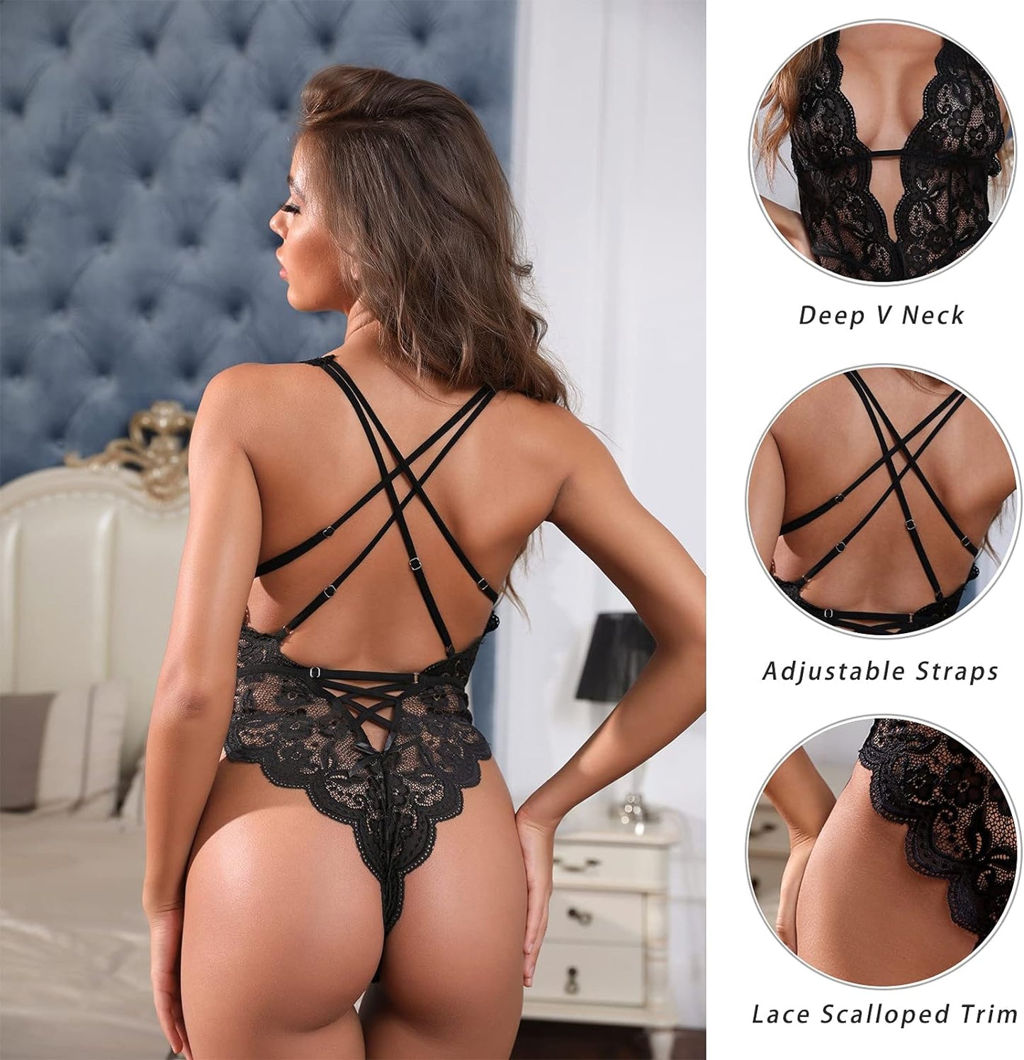 Sexy Lingerie for Women Hollow Out Floral Lace Bodysuit One Piece Lingerie Deep V Teddy Babydoll Underwear