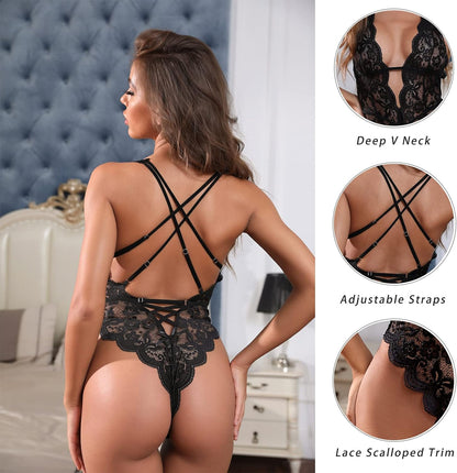 Sexy Lingerie for Women Hollow Out Floral Lace Bodysuit One Piece Lingerie Deep V Teddy Babydoll Underwear