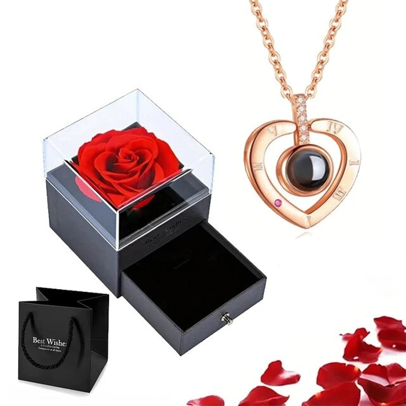 Projection Necklace Set with Rose Gift Box 100 Languages I Love You Heart Pendant Jewelry 2023 Hot Sale Accessories Dropshipping