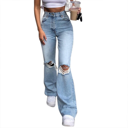 Women Vintage Ripped Flare Bell Bottom Jeans High Waisted Wide Leg Raw Hem Denim Pants Casual Slim Fitting Trousers with Pocket