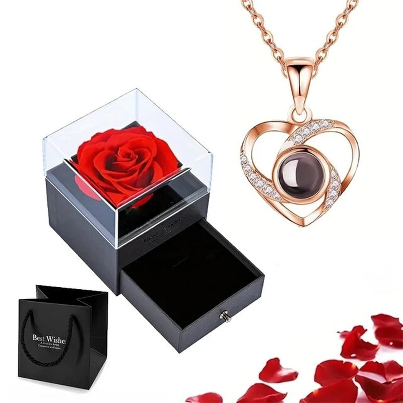 Projection Necklace Set with Rose Gift Box 100 Languages I Love You Heart Pendant Jewelry 2023 Hot Sale Accessories Dropshipping